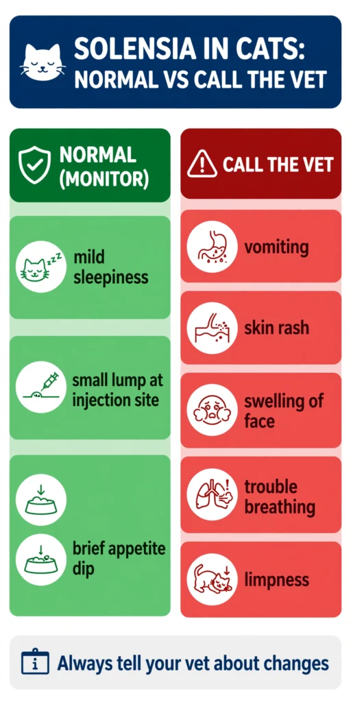 Infographic: normal Solensia side effects vs signs to call the vet