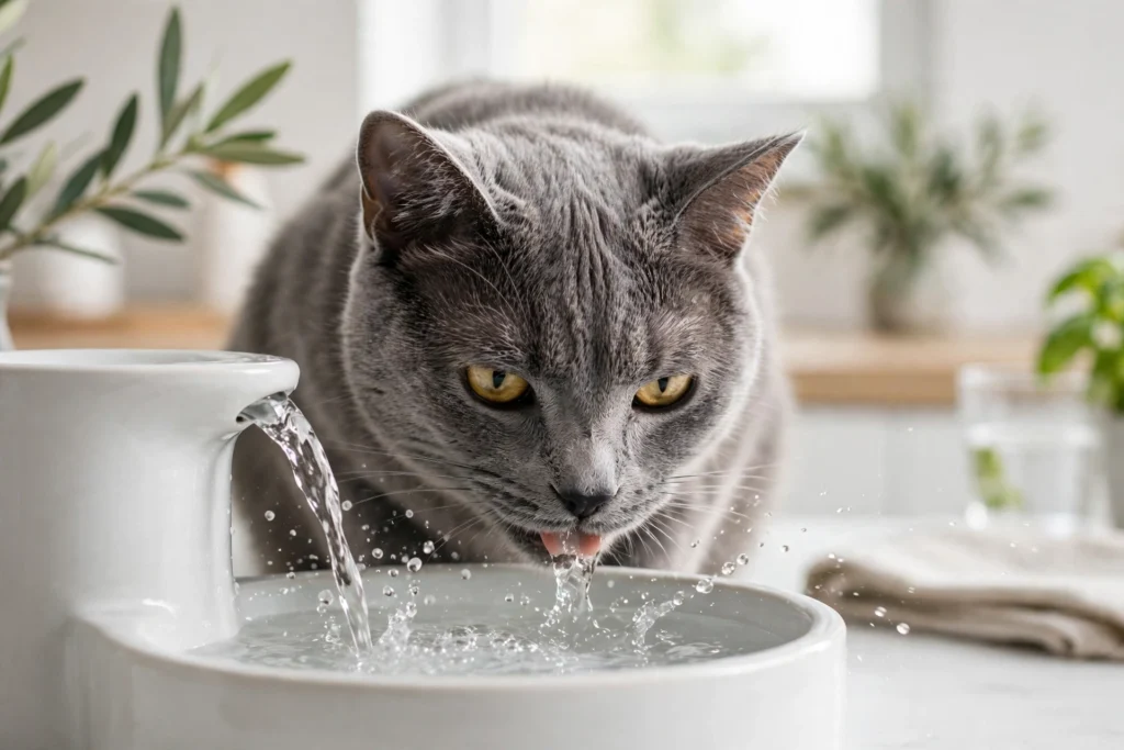Grey male cat drinking fresh water from a ceramic fountain