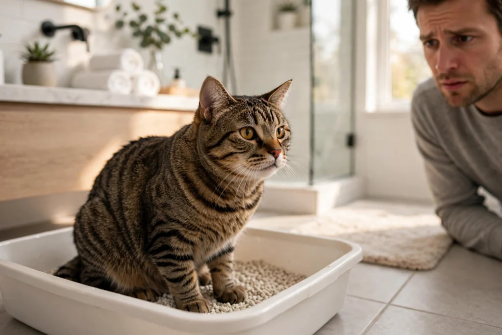 Tabby cat sitting in a litter box while its owner watches