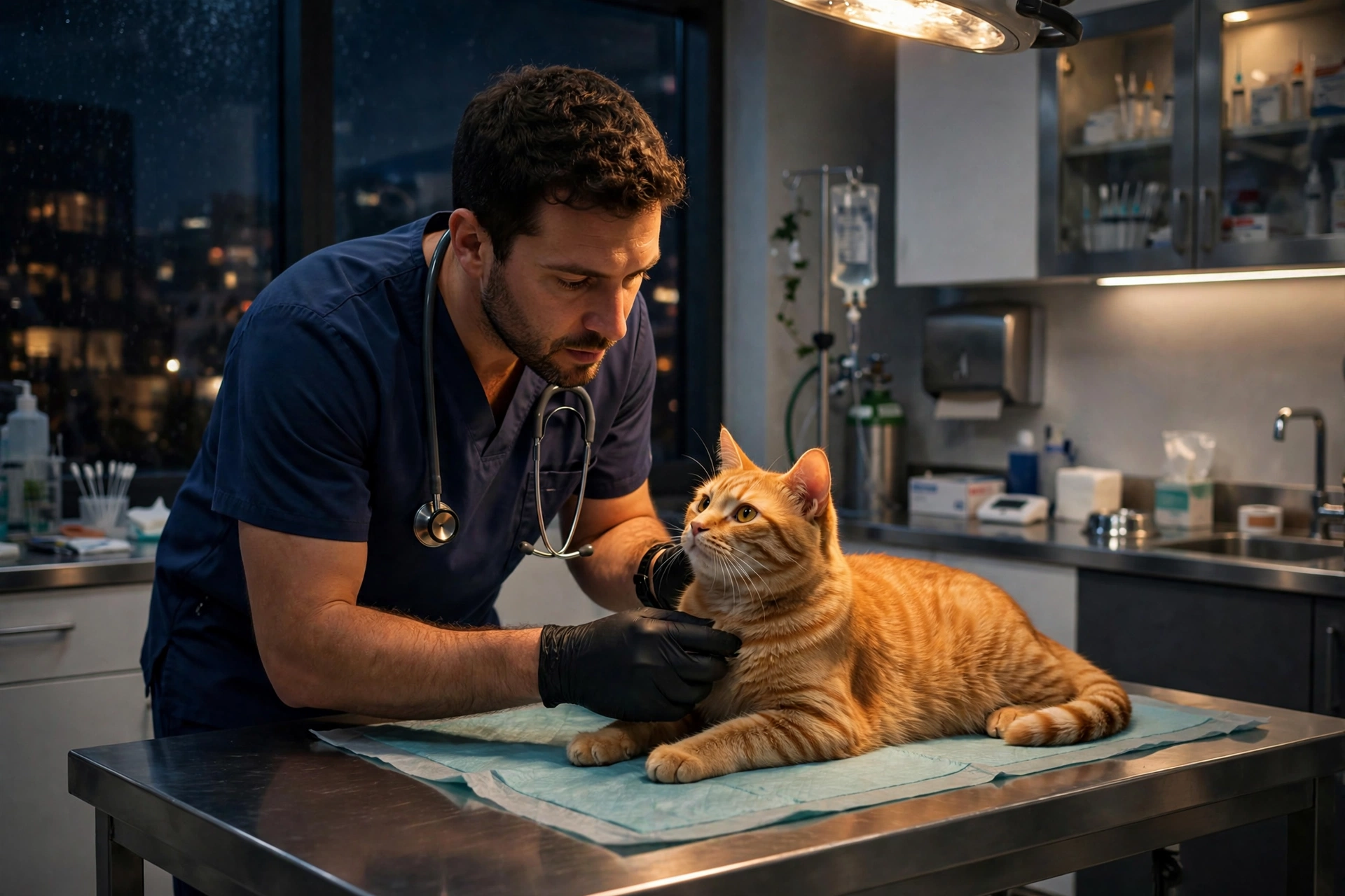Emergency vet examining a male cat in an animal hospital