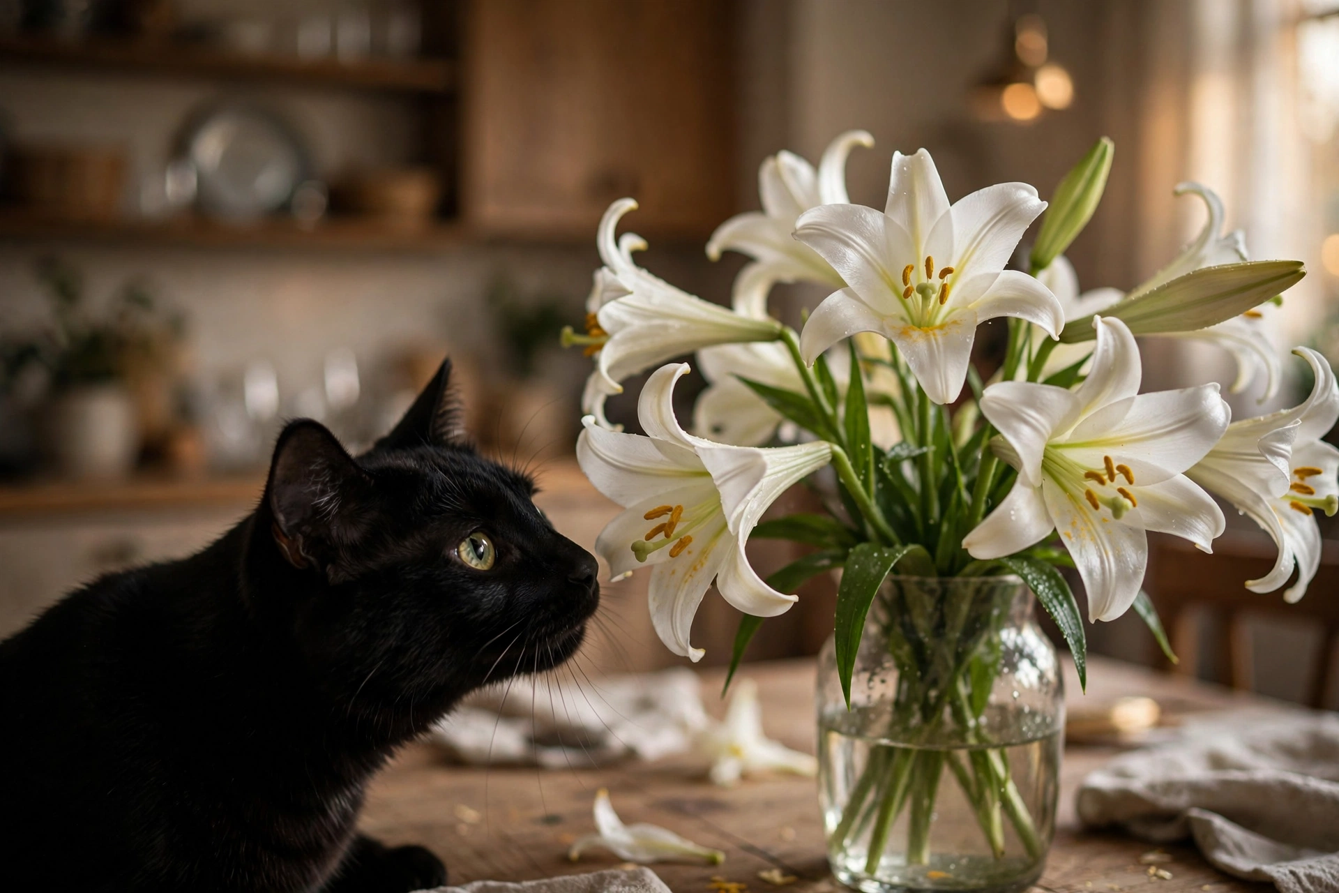 Black cat sniffing a vase of white lilies on a dining table