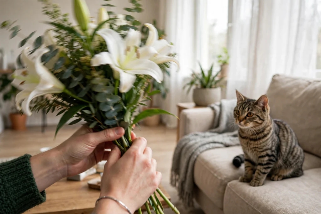 Owner removing a bouquet of lilies while a cat watches safely