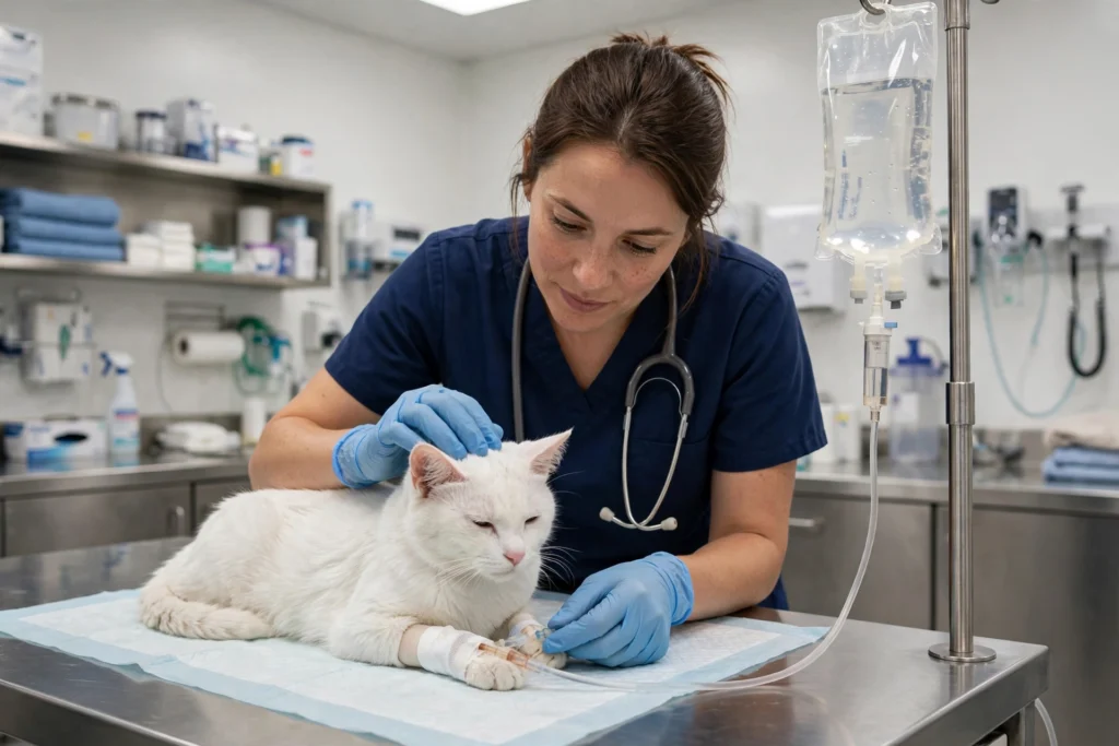 Vet giving supportive care to a cat in an animal hospital