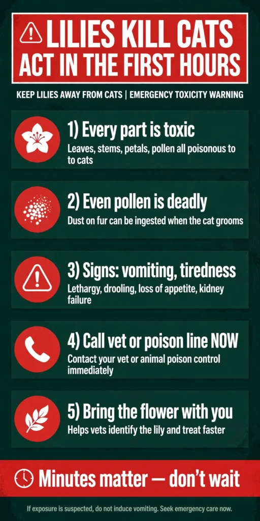 Infographic 'Lilies kill cats — act in the first hours' listing five points: every part is toxic, even pollen is deadly, signs include vomiting and tiredness, call the vet or poison line now, and bring the flower with you