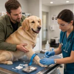Golden retriever getting a blood test at the vet while owner comforts it