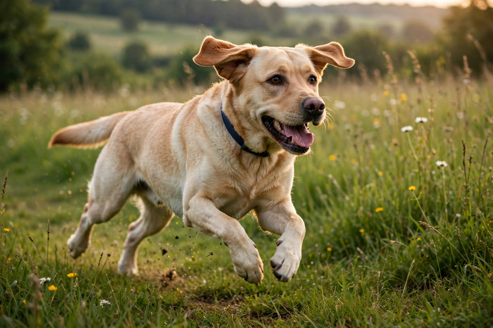 Healthy labrador running happily across a green meadow