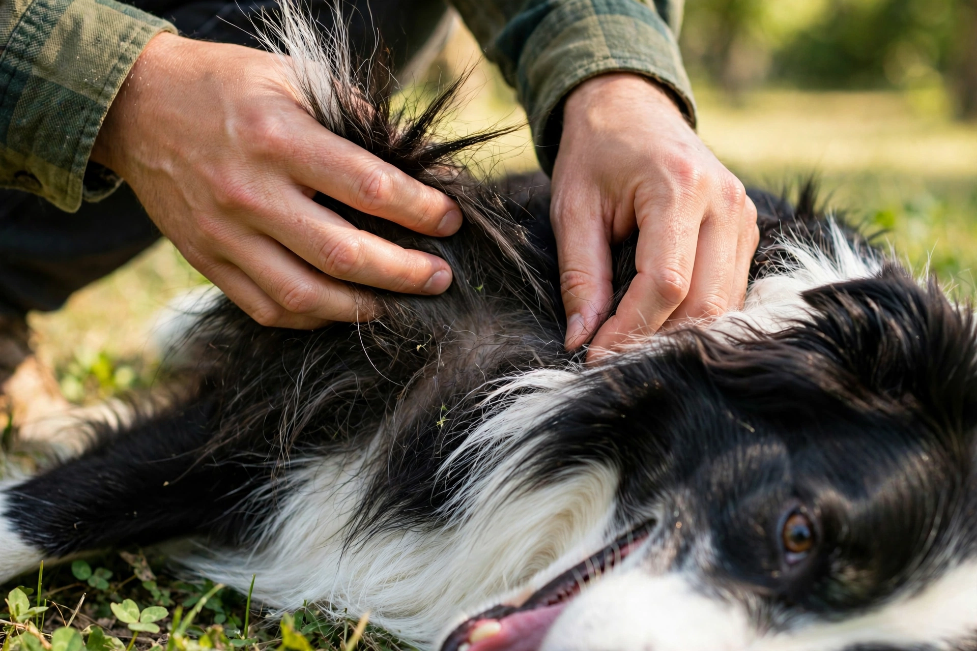 Owner checking a border collie's fur for ticks in a sunny park