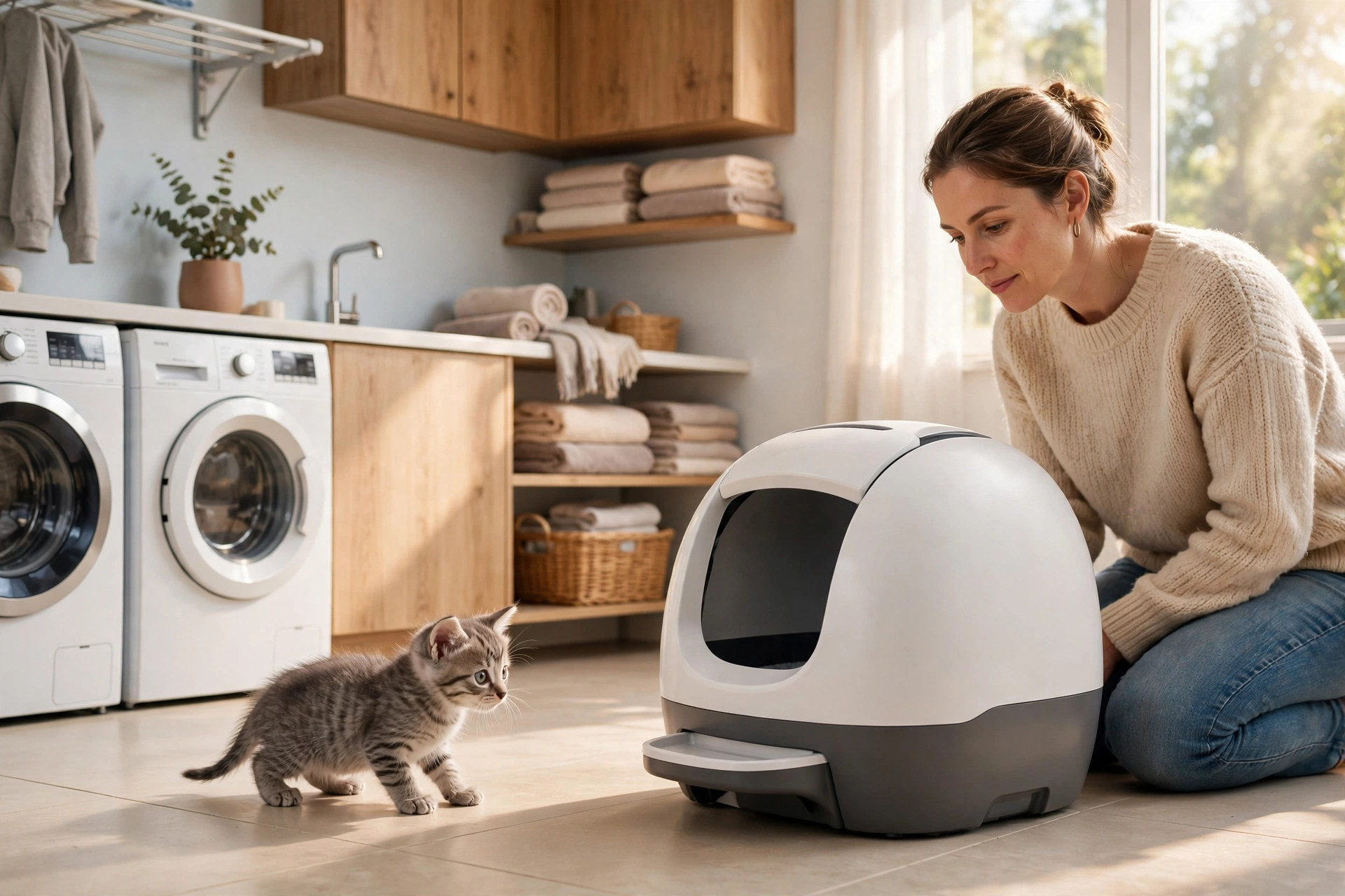 Kitten approaching an automatic litter box while owner supervises