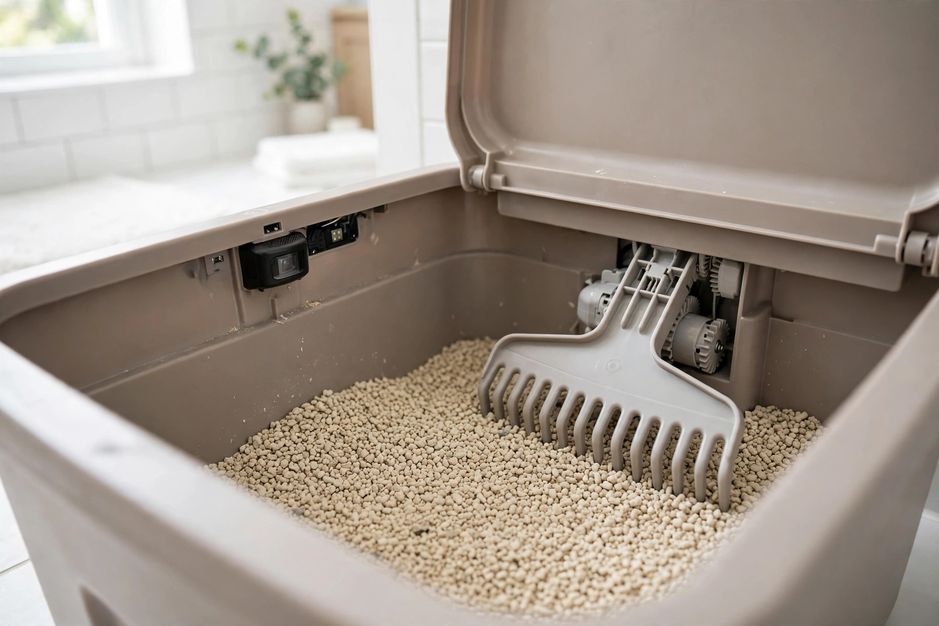 Close-up of automatic litter box safety sensor with cleaning cycle paused