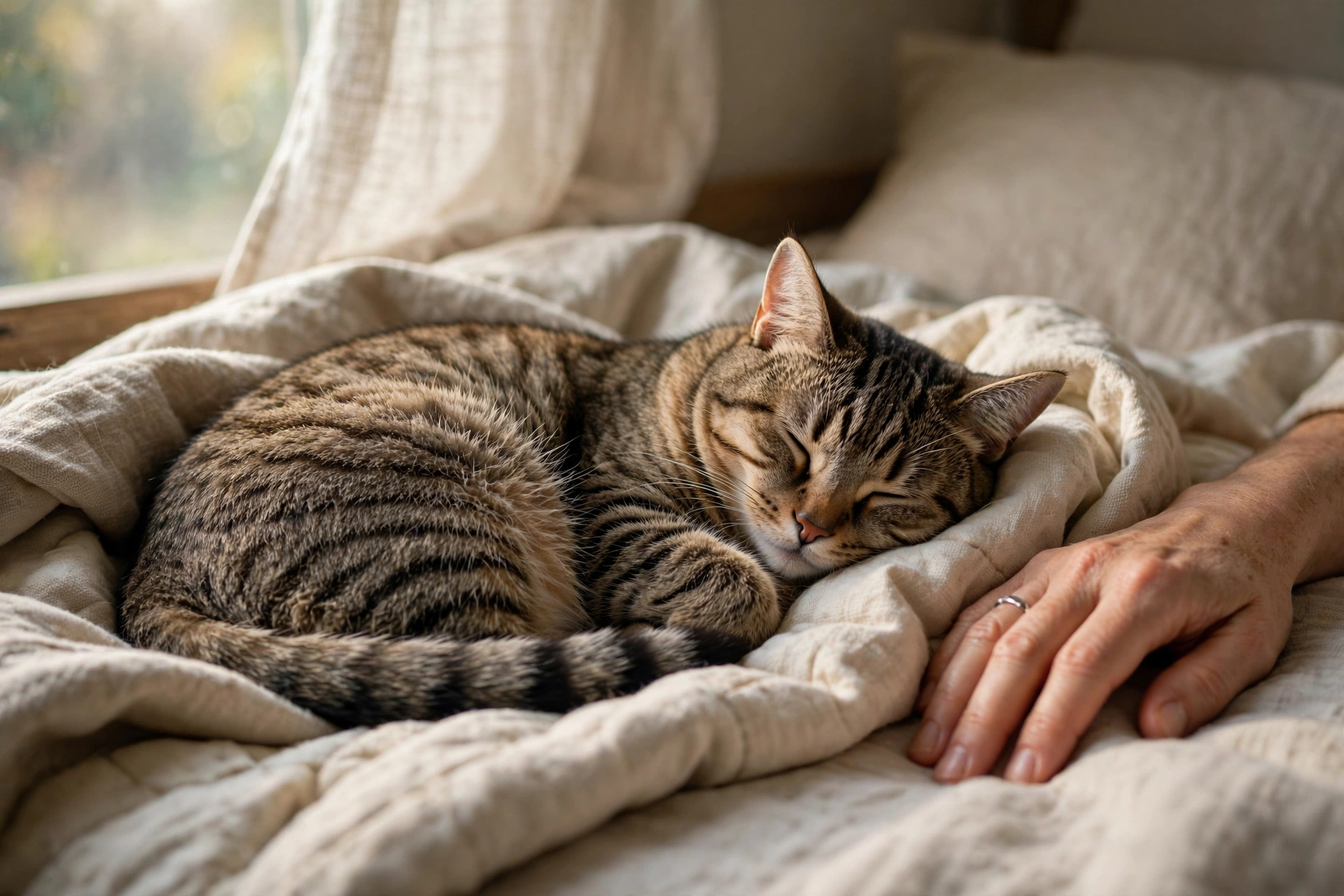 Tabby cat sleeping peacefully on a cozy bed