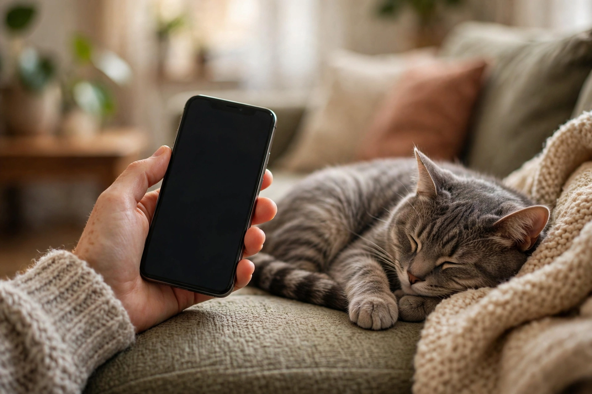Owner timing a sleeping cat's breathing with a phone