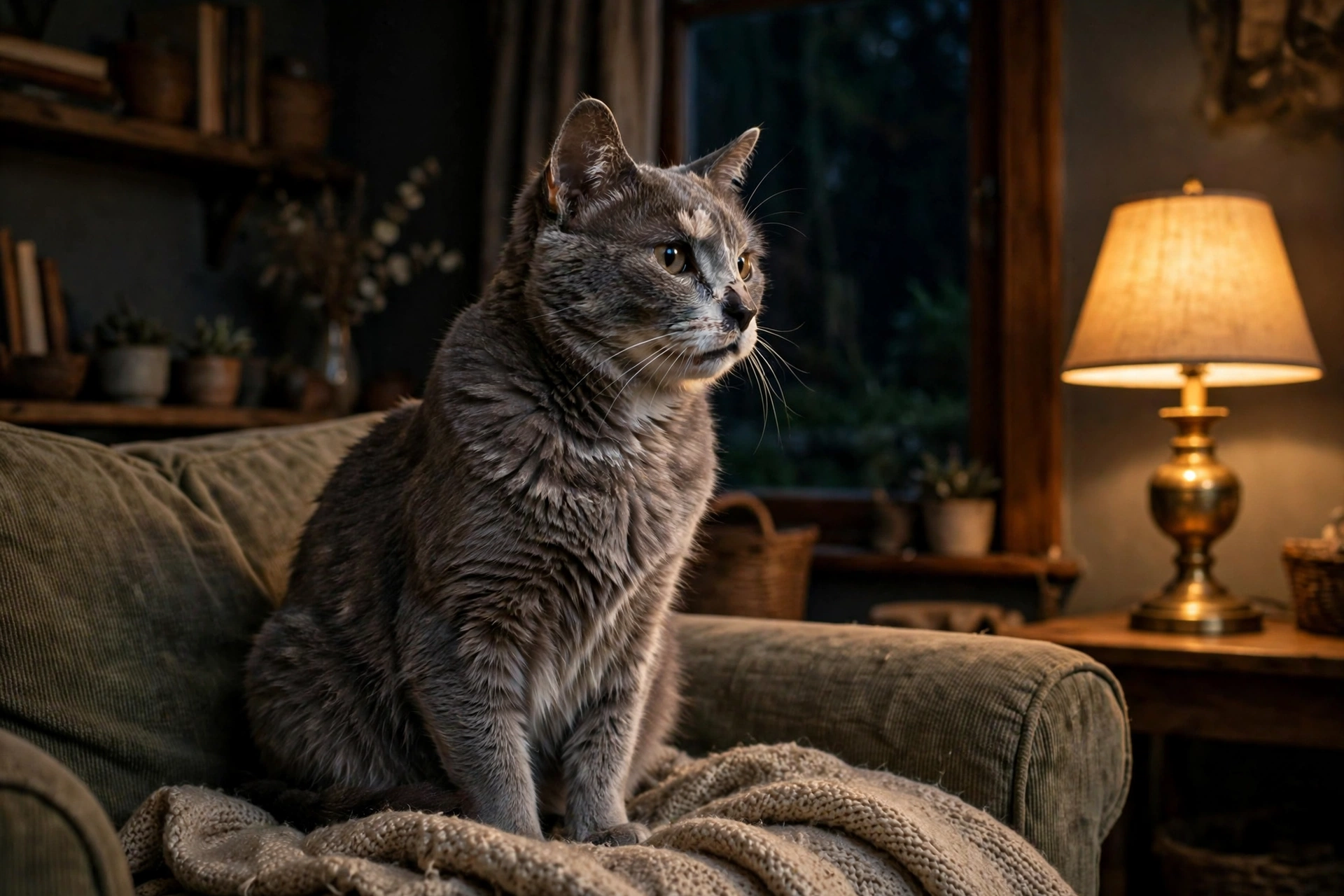 Senior grey cat sitting alert in a lamplit living room at night