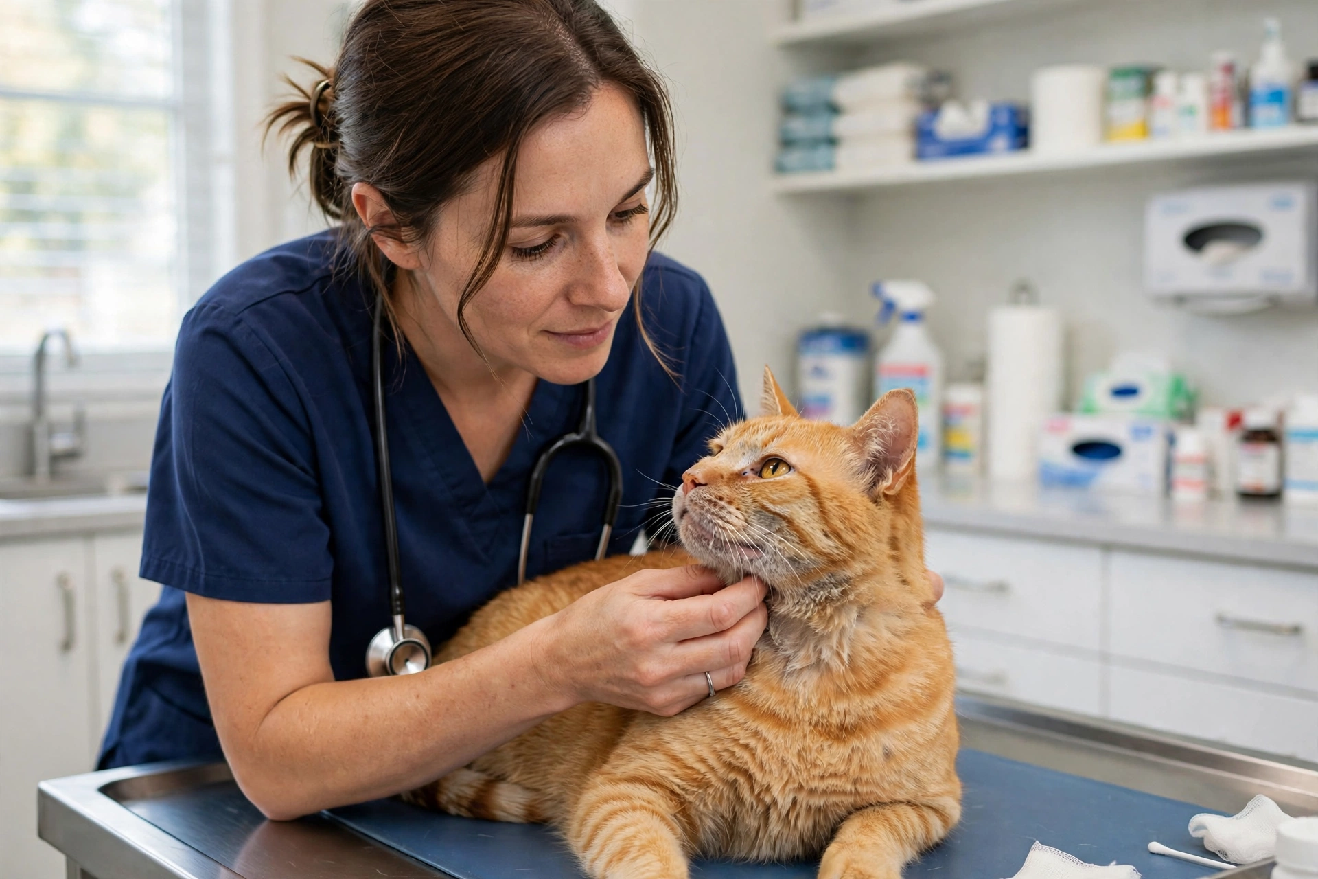 Veterinarian examining a senior cat's neck and throat in a clinic