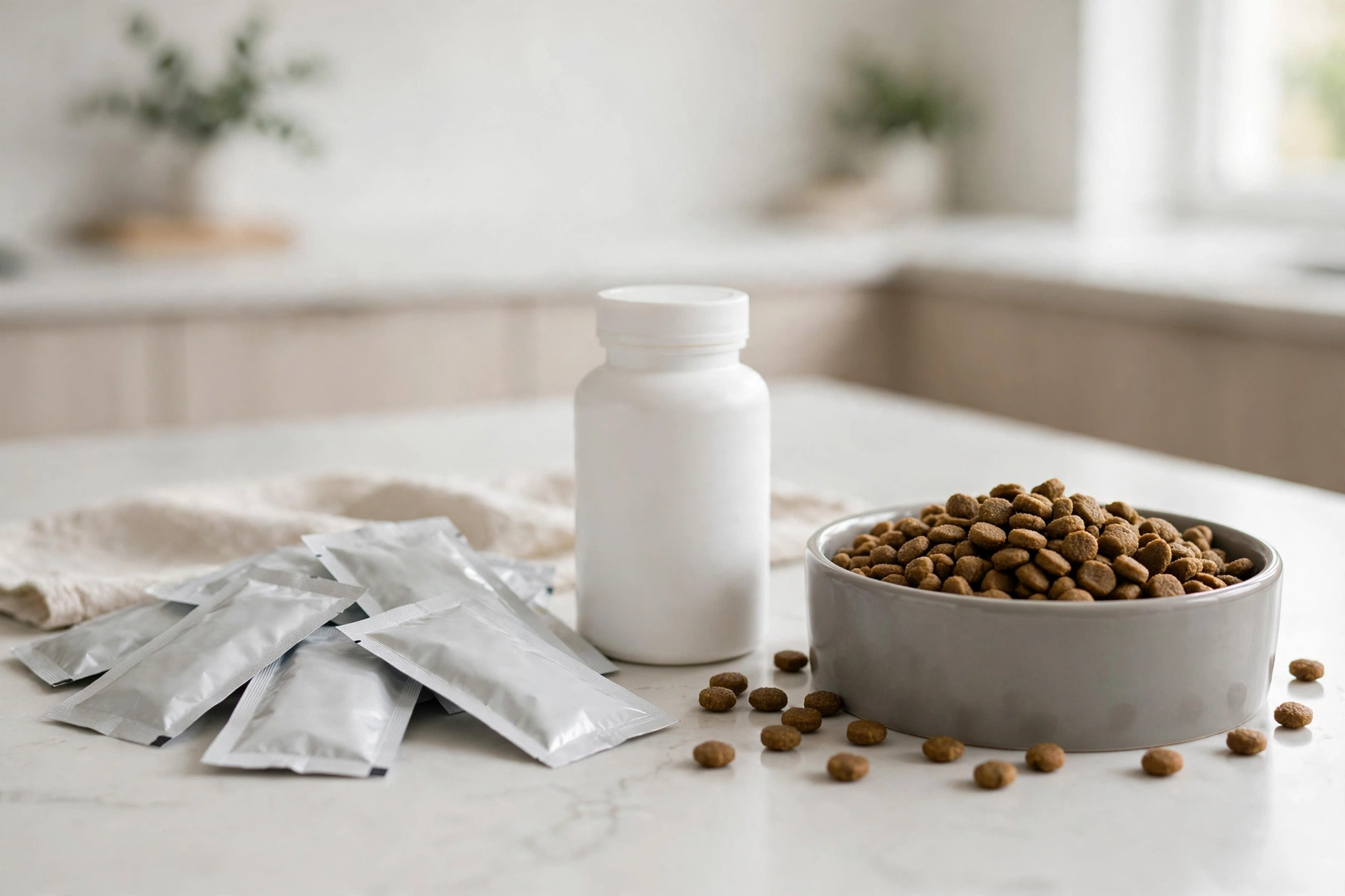Unbranded probiotic sachets and capsule bottle beside a cat food bowl