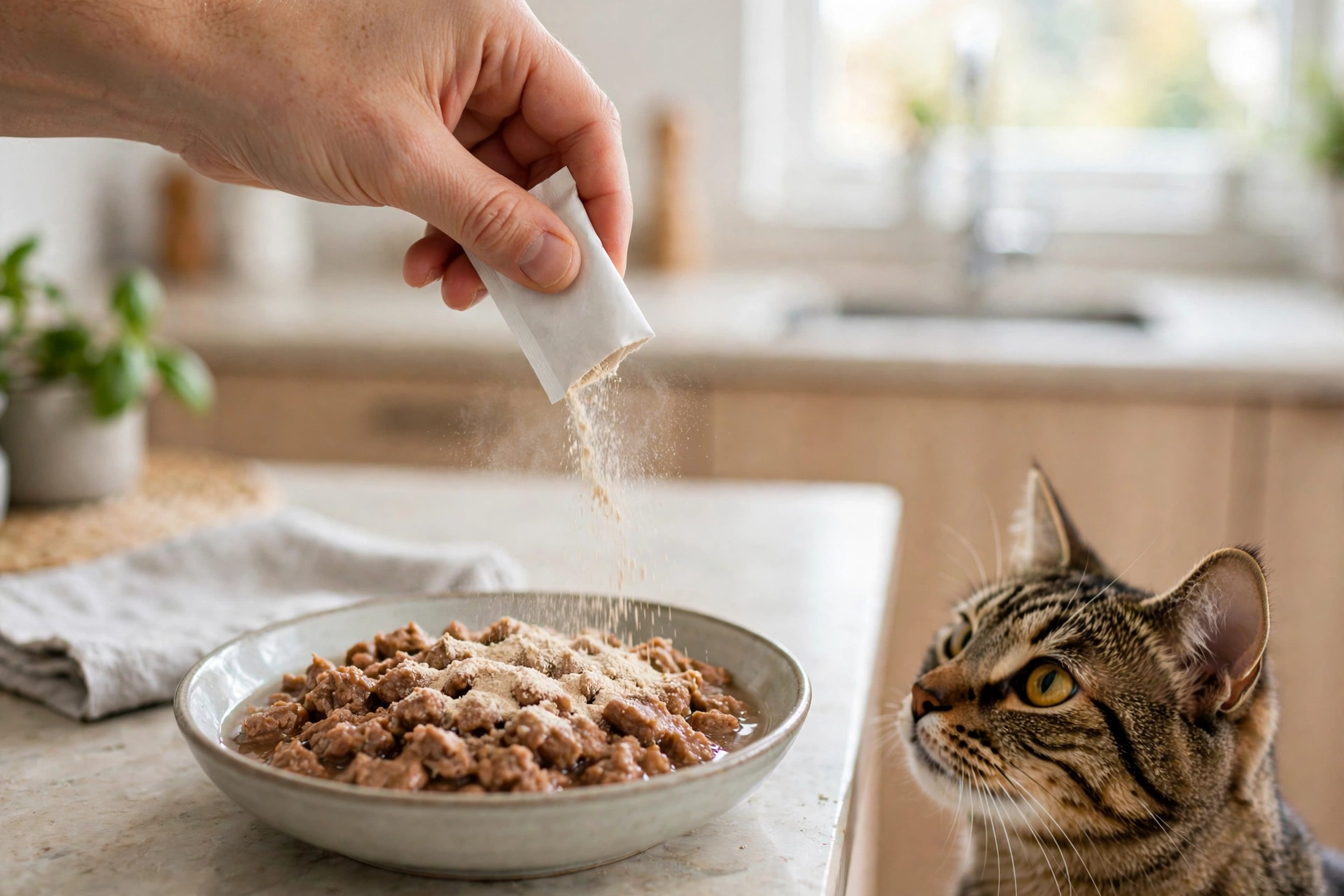 Sprinkling probiotic powder from an unbranded sachet onto wet cat food