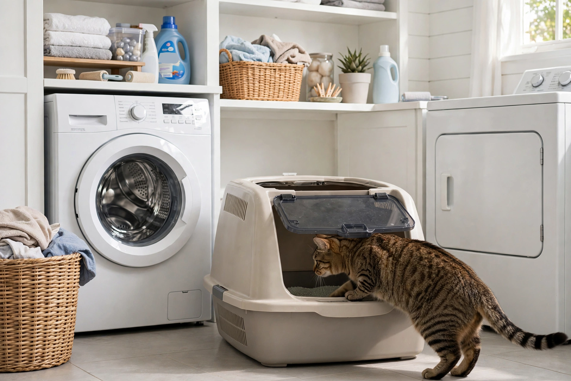 Tabby cat entering a covered litter box through a flap door