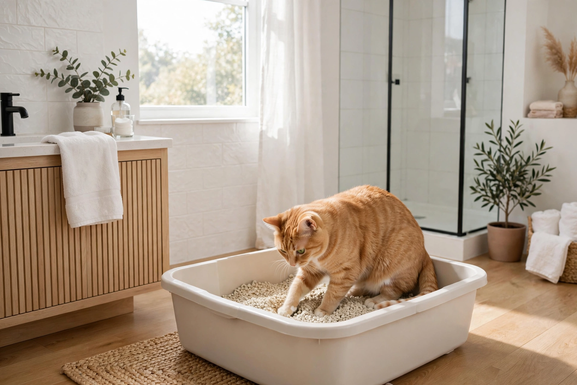 Cat using an open-top litter box in a bright bathroom