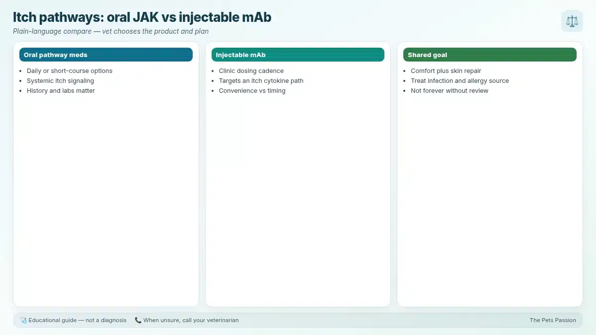 Itch pathways: oral JAK vs injectable mAb. Plain-language compare — vet chooses the product and plan Itch pathways: oral JAK vs injectable mAb. Plain-language compare — vet chooses the product and plan