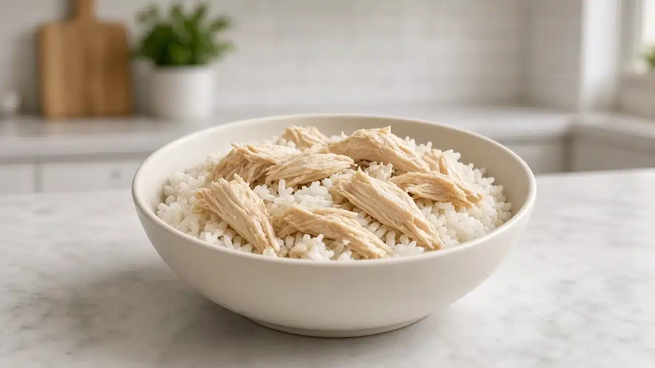 Bland diet for dogs with diarrhea — boiled chicken breast and white rice in a dog bowl