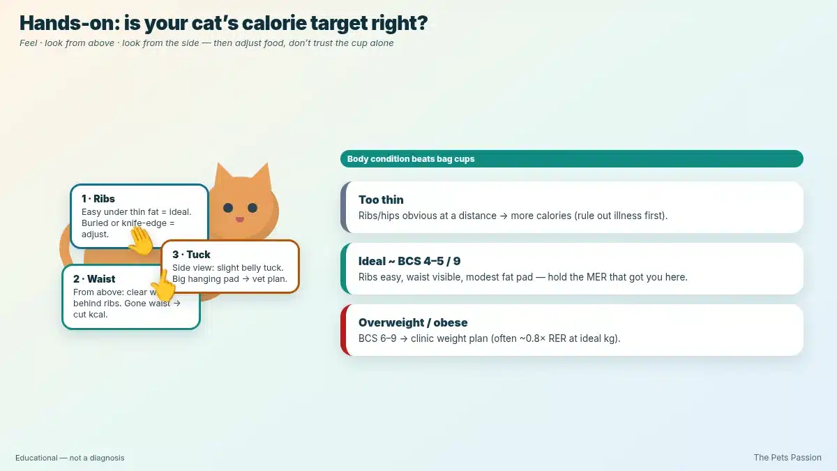 Cat BCS checkpoints for calorie adjustments Cat body condition score checkpoints: ribs, waist from above, belly tuck from the side