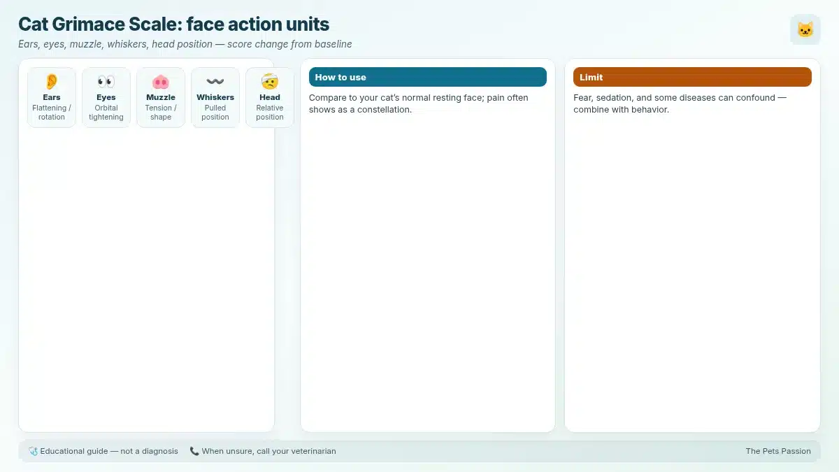 Cat Grimace Scale: face action units. Ears, eyes, muzzle, whiskers, head position — score change from baseline Cat Grimace Scale: face action units. Ears, eyes, muzzle, whiskers, head position — score change from baseline
