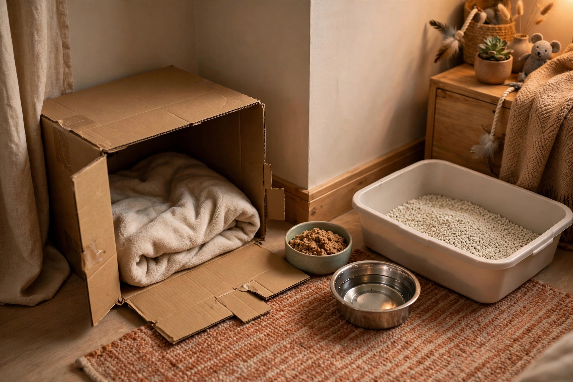 A cozy safe-room setup for a stressed cat: a cardboard box with a soft blanket, a bowl of wet food, a water bowl, and a clean litter box in a quiet corner.