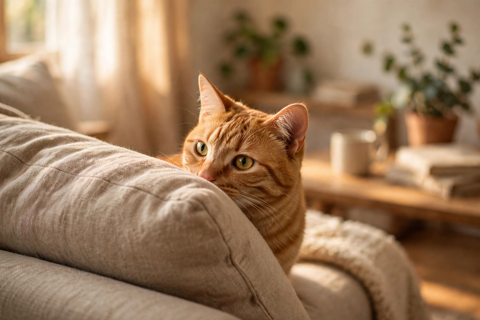 A ginger cat cautiously peeking out from behind a sofa cushion with curious bright eyes, starting to feel safe again.