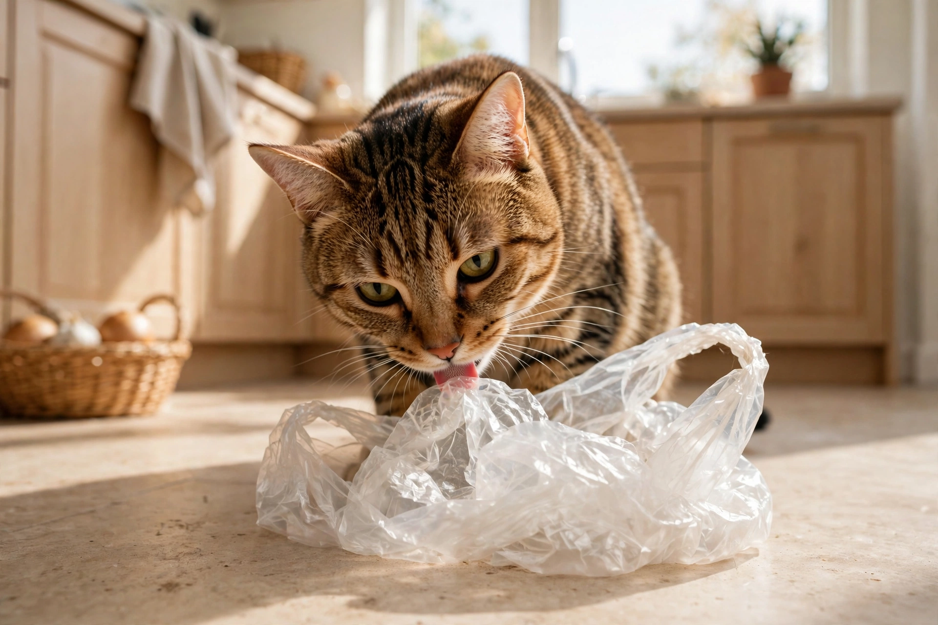 Tabby cat licking a crinkled plastic grocery bag on a kitchen floor.