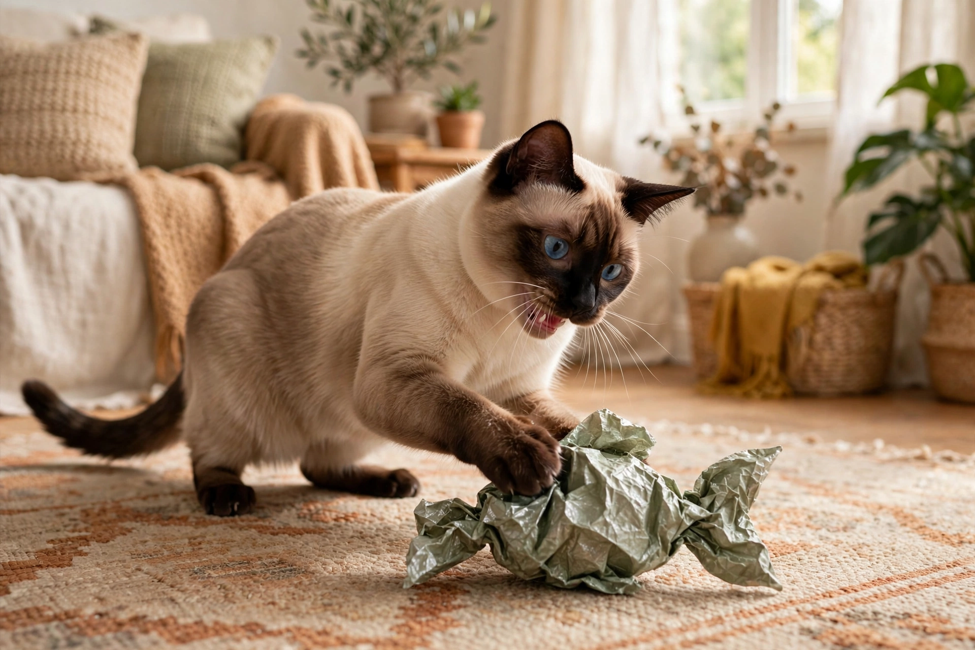 Siamese cat playing with a crinkly cat-safe toy on a living room rug.