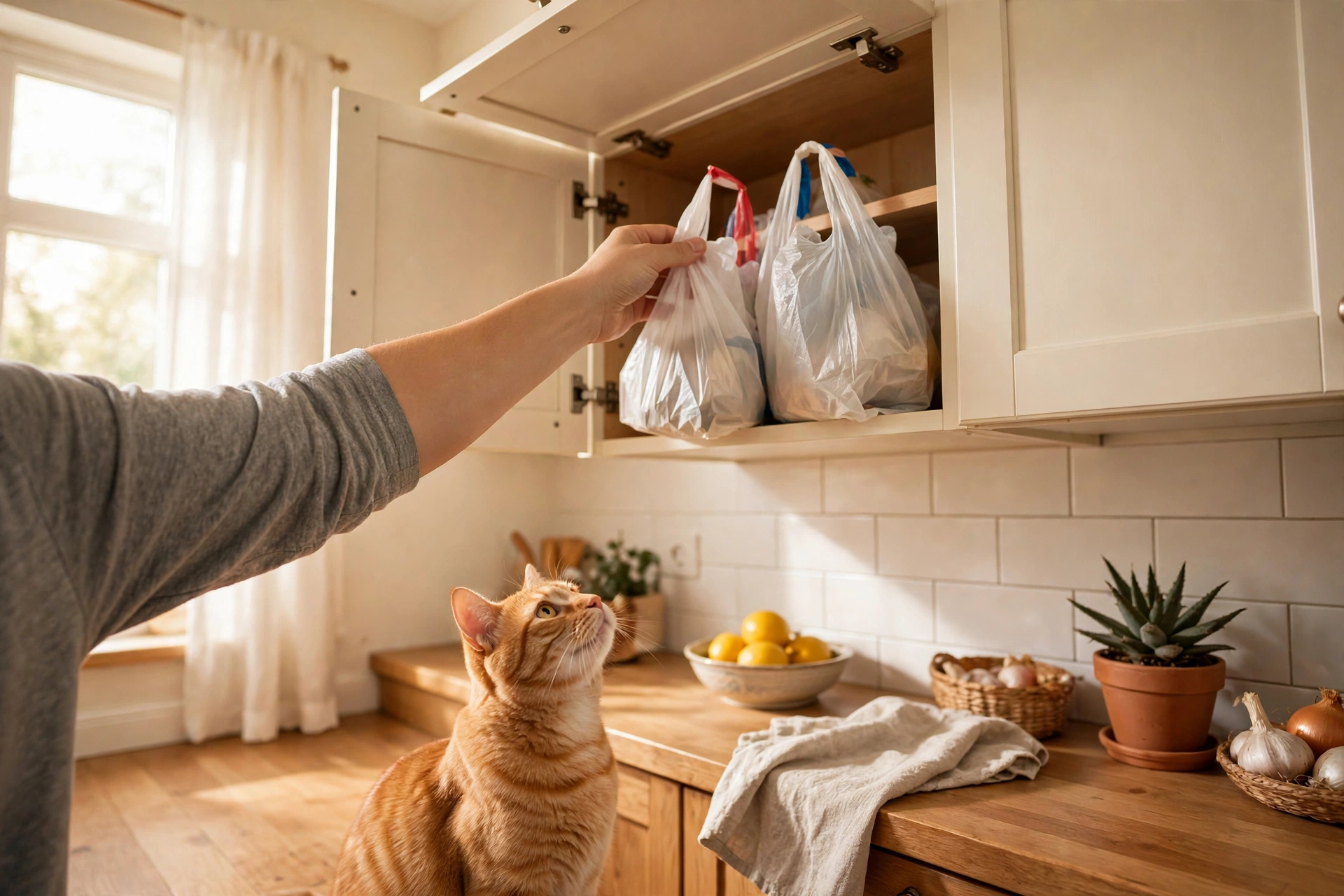 Owner storing plastic grocery bags in a closed kitchen cupboard while an orange cat watches.