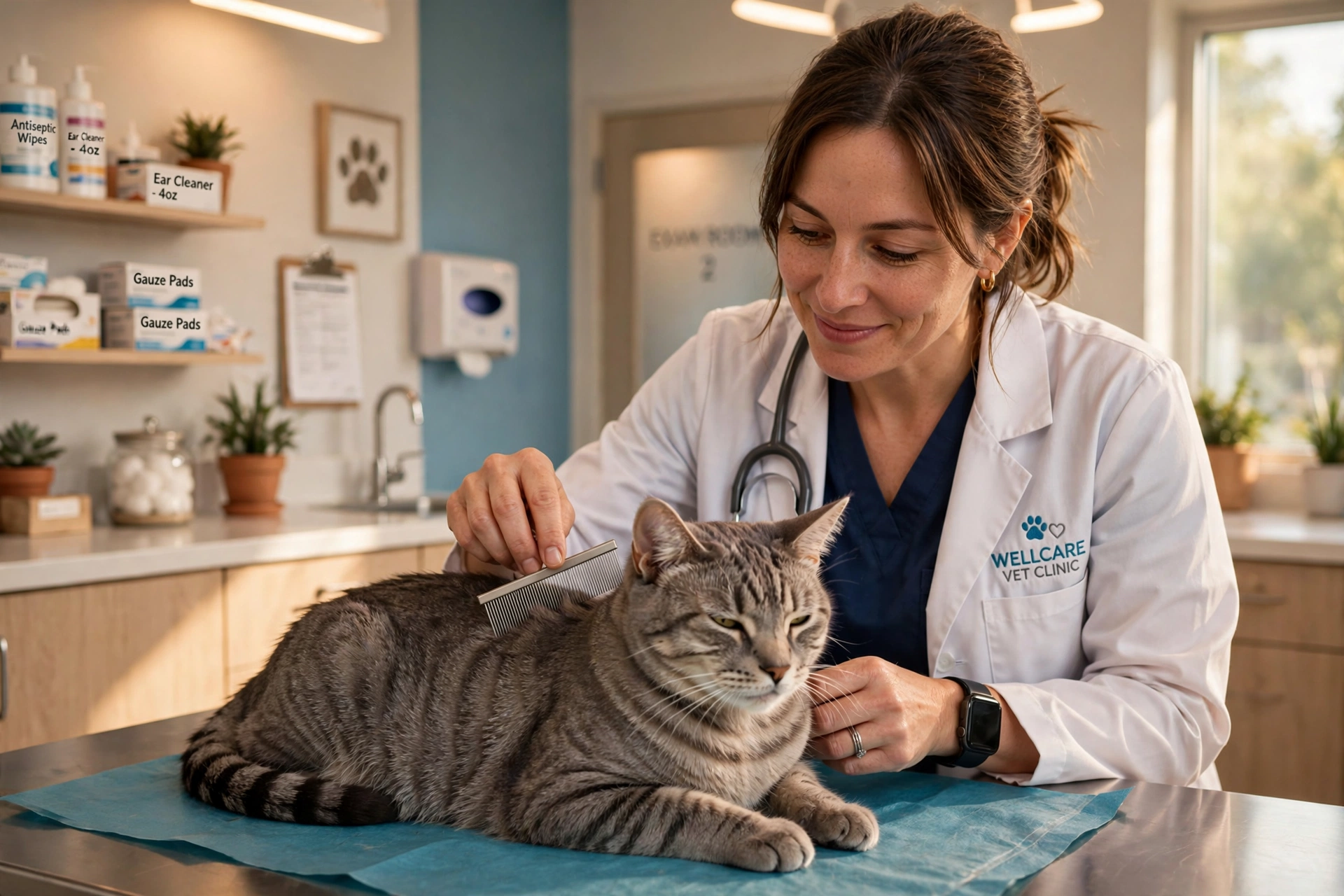 Veterinarian using a flea comb to check a calm grey tabby cat for fleas in a clinic.