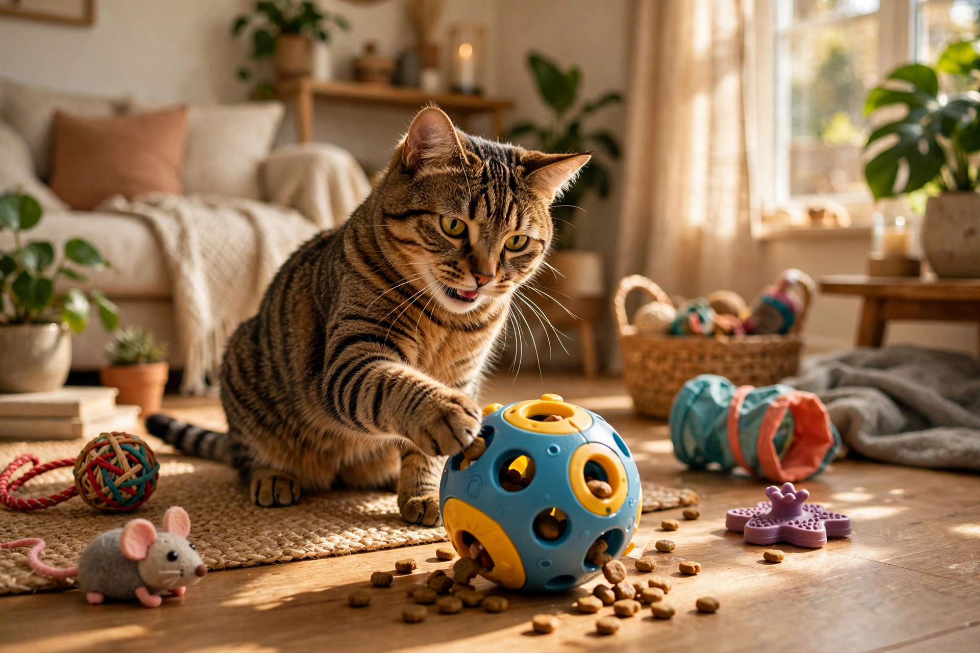 Tabby cat playing with a food puzzle toy in a bright living room with enrichment toys nearby.
