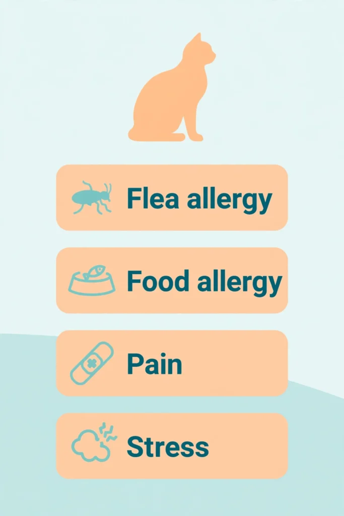 Infographic: why cats lick their belly bald — flea allergy clues, elimination food trial steps, and what normal fur regrowth looks like