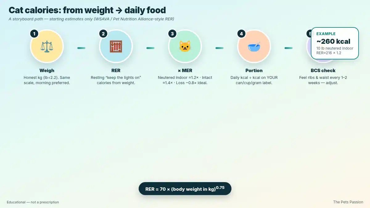 Cat RER MER calorie steps How to estimate cat calories: weigh, calculate RER, multiply MER factor, adjust with BCS