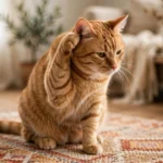 Ginger tabby cat scratching at its ear with its paw at home
