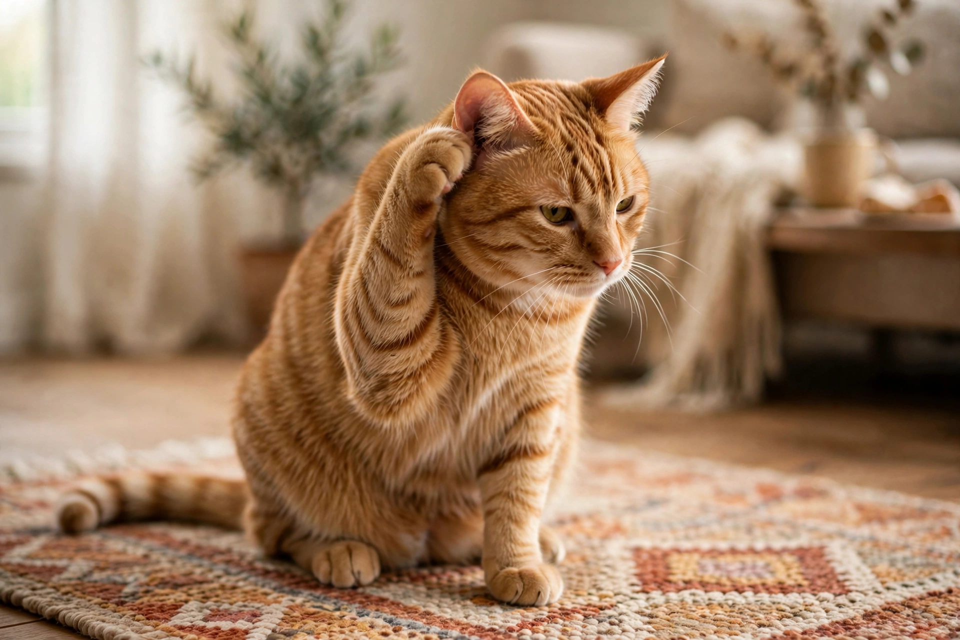 Ginger tabby cat scratching at its ear with its paw at home