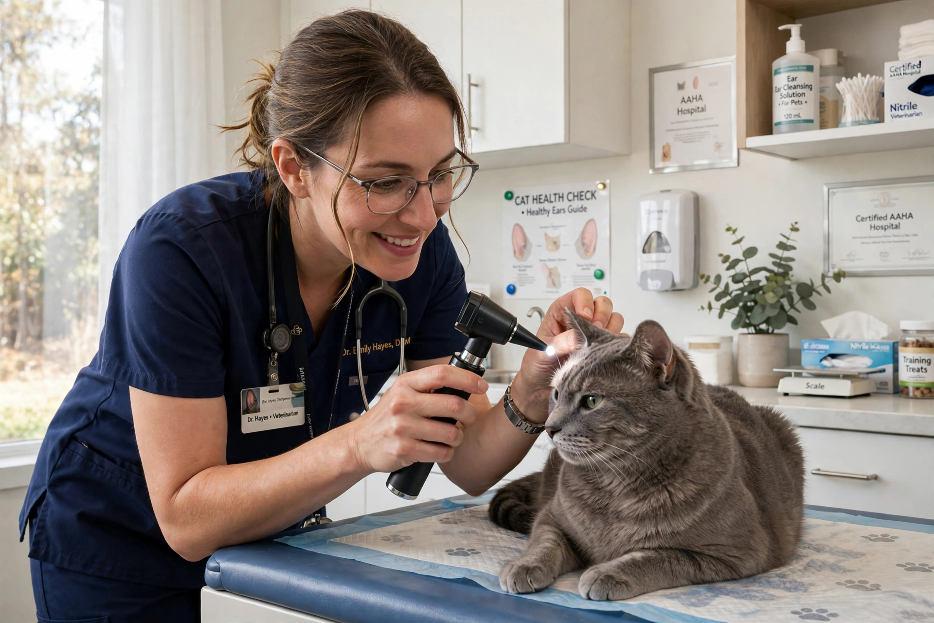 Veterinarian examining a grey cat's ear with an otoscope in a clinic