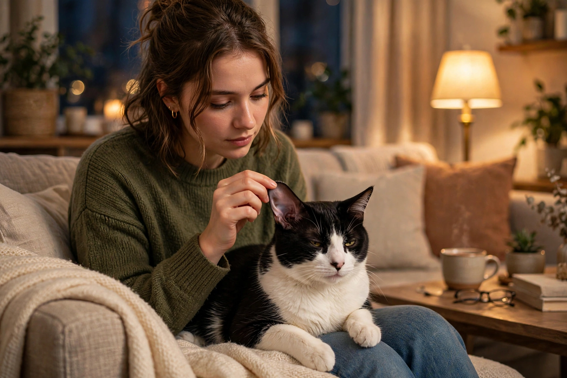 Pet owner gently lifting a black-and-white cat's ear flap to check it on a sofa