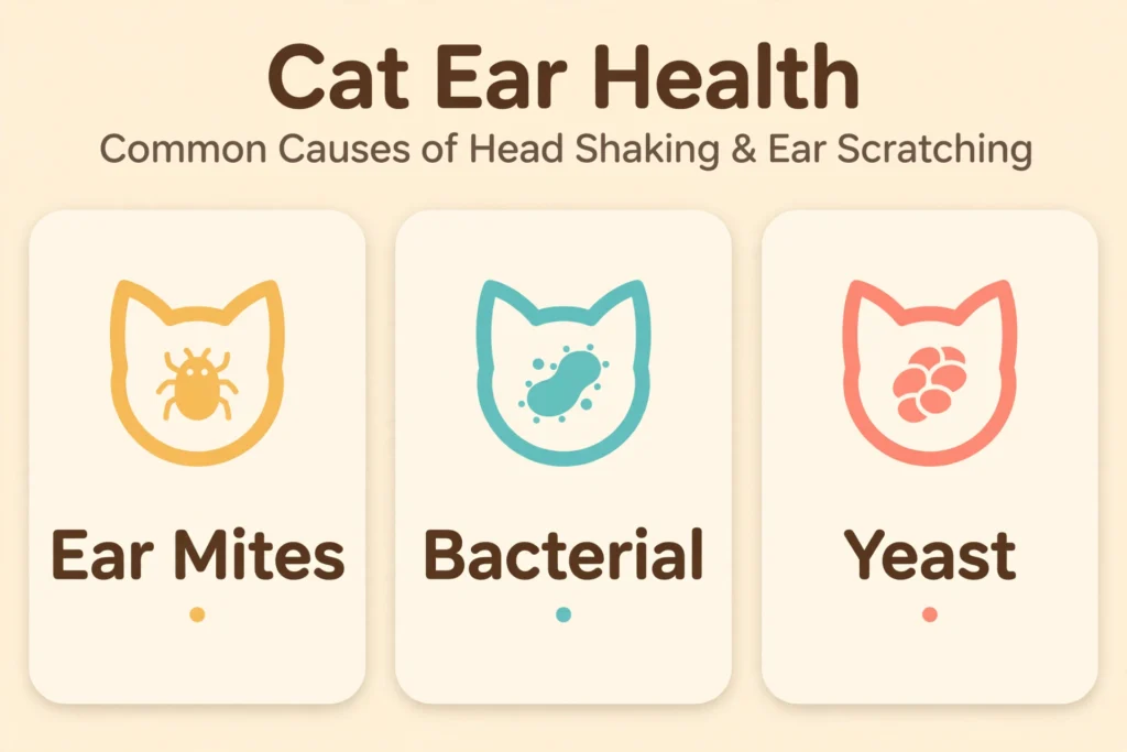 Infographic comparing the three common causes of cat head shaking and ear scratching: ear mites, bacterial infection, and yeast infection