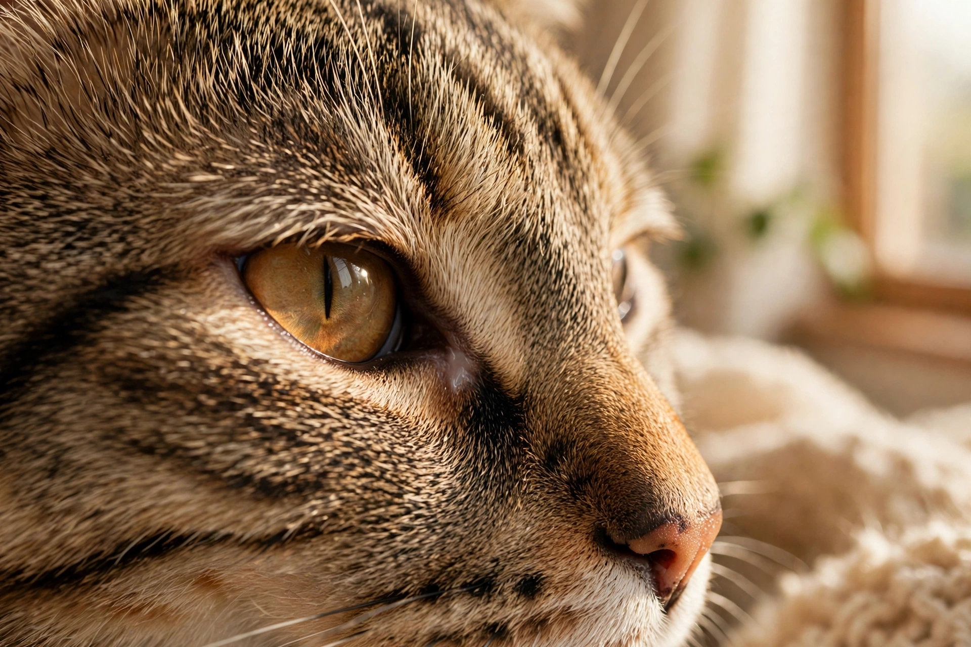 Close-up of a tabby cat's amber eye with a thin pale third eyelid visible at the inner corner near the nose.