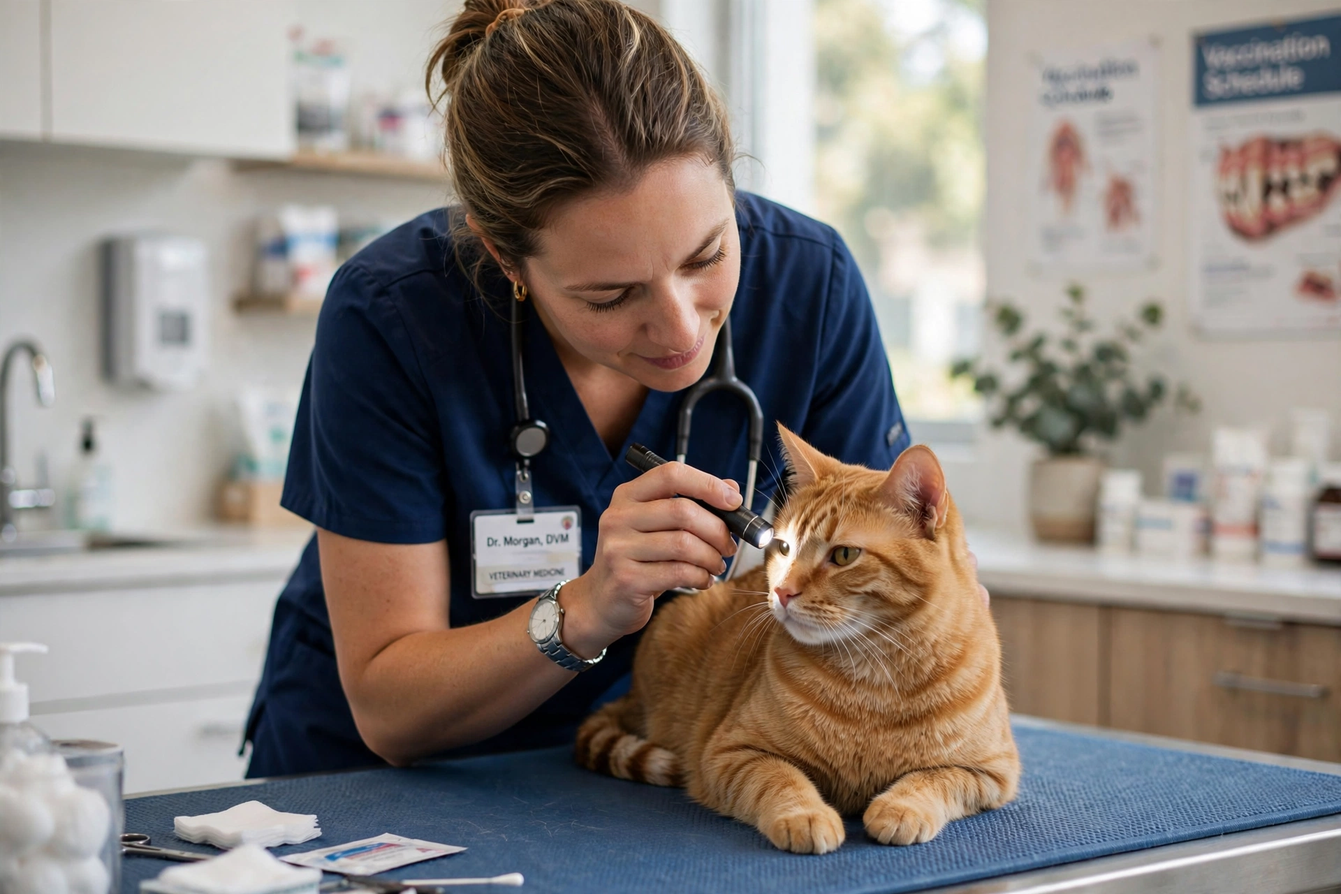 A veterinarian gently examining an orange tabby cat's eye with a penlight during a vet clinic eye exam.