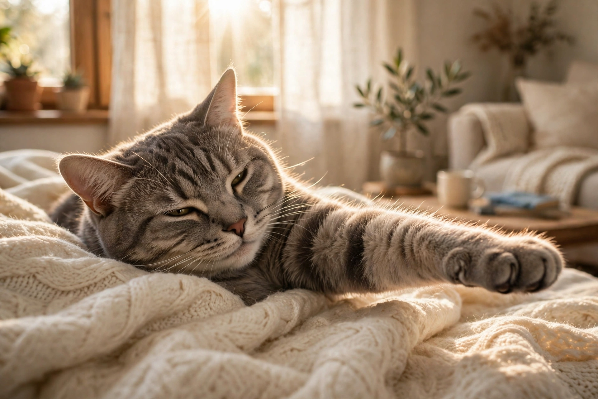 A sleepy gray tabby cat stretching on a cozy blanket just after waking from a nap in warm morning sunlight.