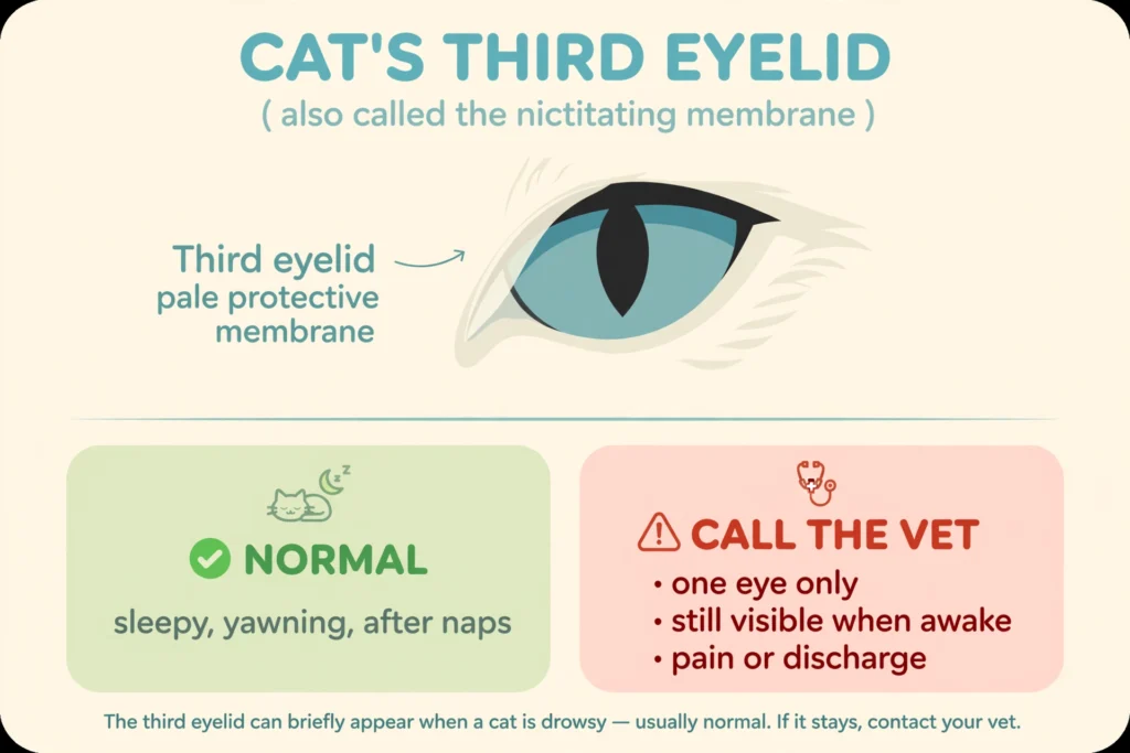 Infographic showing a cat's third eyelid (nictitating membrane) with normal signs — sleepy, yawning, after naps — versus signs to call the vet: one eye only, still visible when awake, pain or discharge.