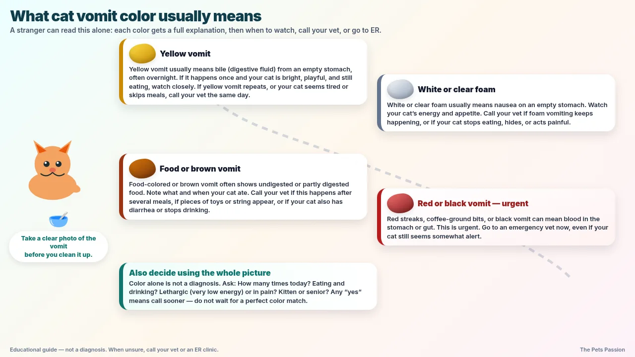 Cat vomit color meaning guide with full sentences: yellow bile, white foam, food-brown, and red-black — when to watch, call vet, or go to ER