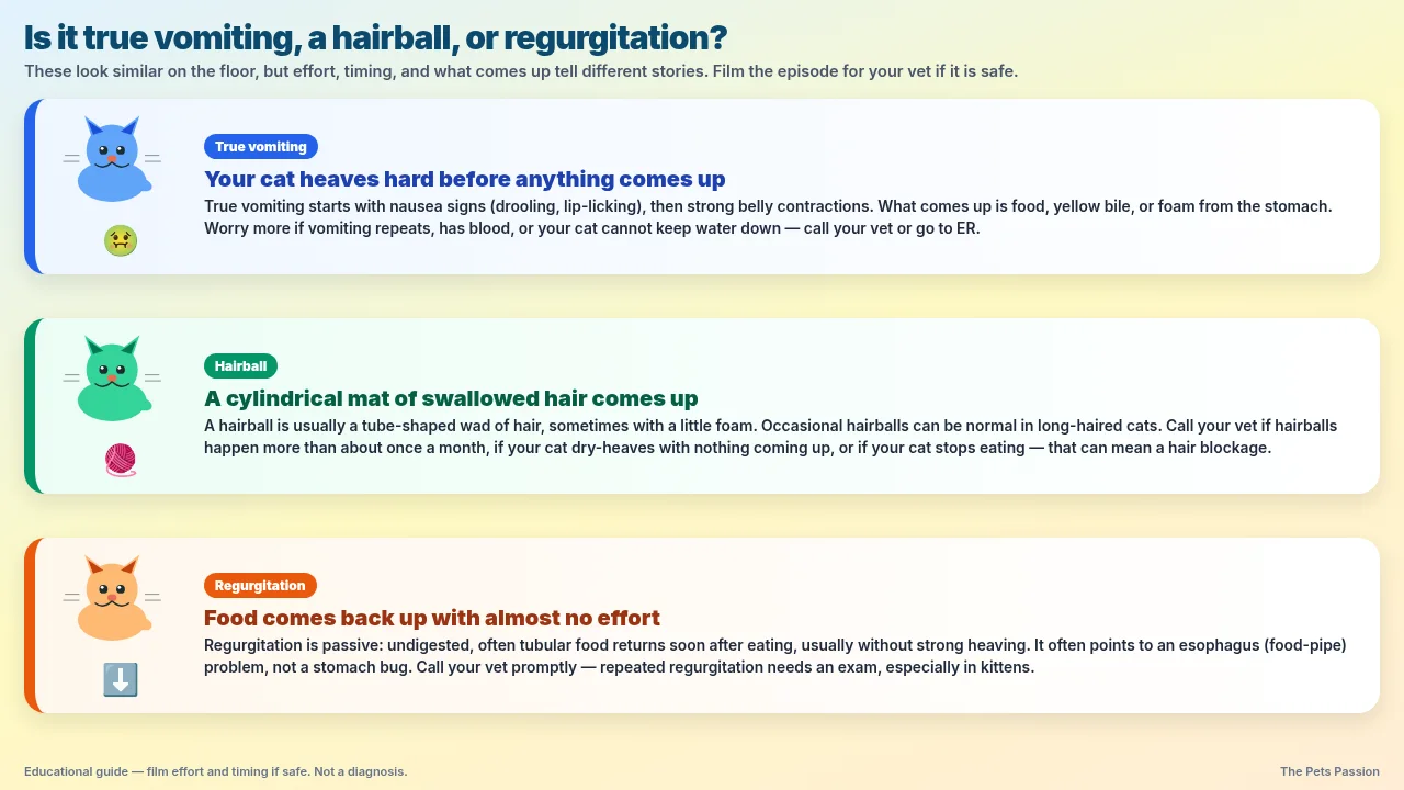True vomiting vs hairball vs regurgitation explained in full sentences with effort, timing, and what comes up