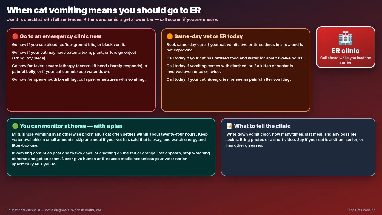 When cat vomiting means go to ER now, same-day care, or monitor at home — full-sentence checklist