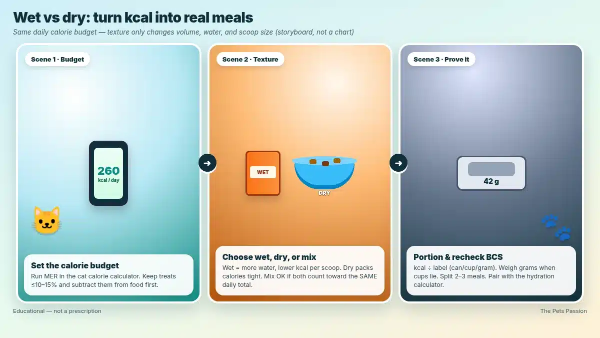 Cat wet vs dry daily calorie workflow Wet vs dry cat food portion workflow: find kcal on label, subtract treats, split meals, recheck weight
