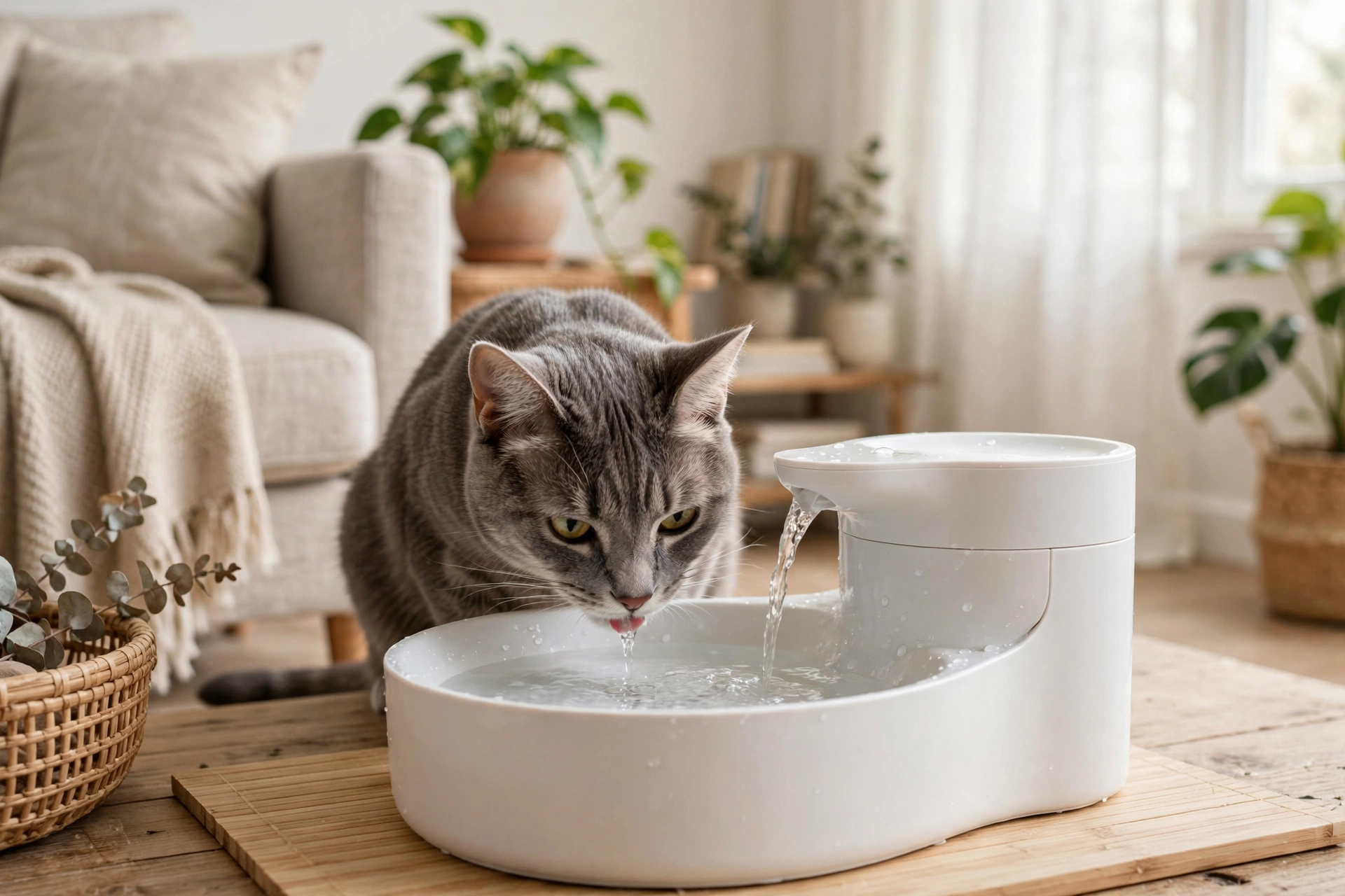 Grey cat drinking flowing water from a stainless steel pet fountain in a kitchen.
