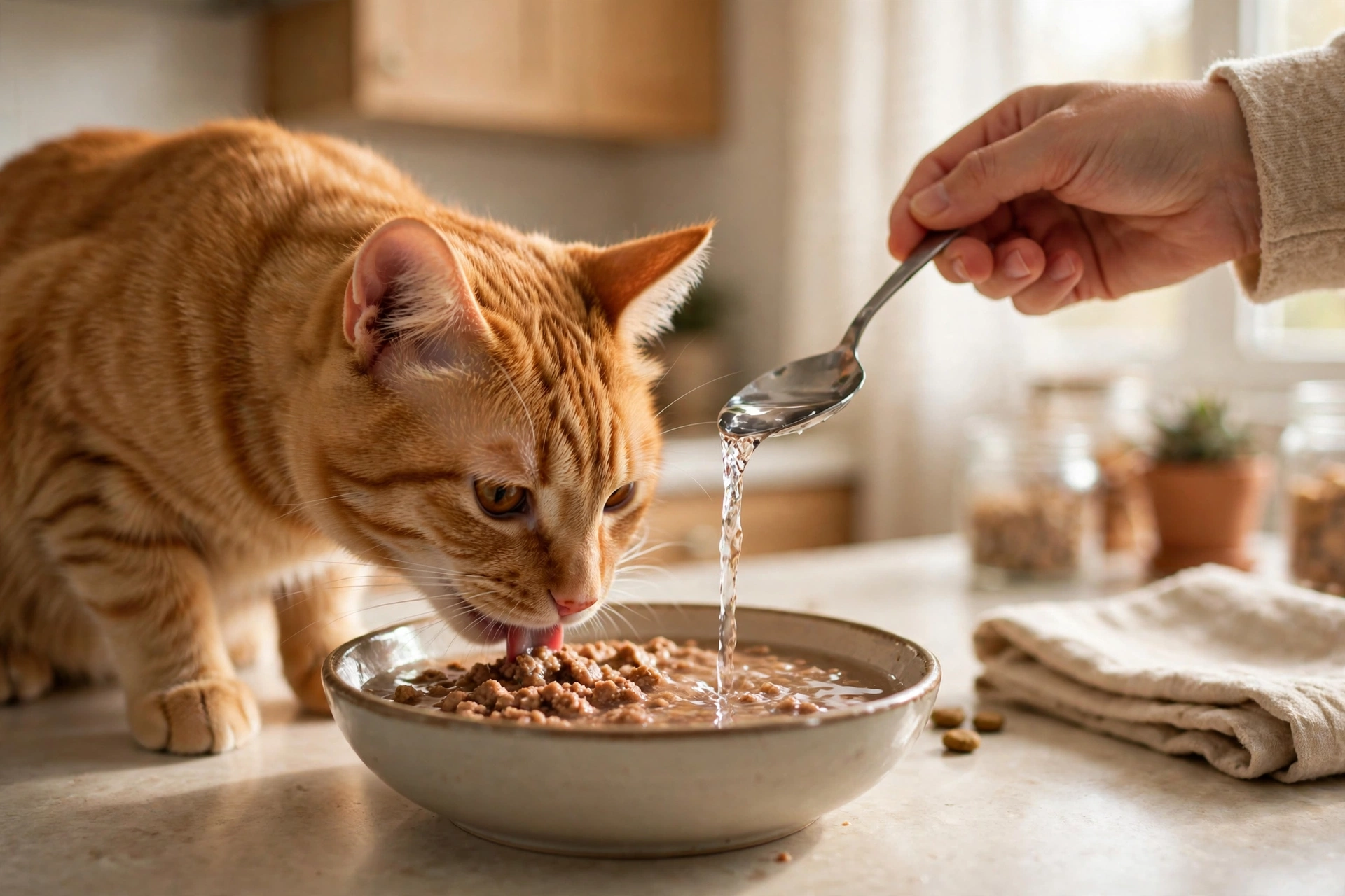 Orange tabby cat eating wet food from a wide shallow bowl in a bright kitchen.