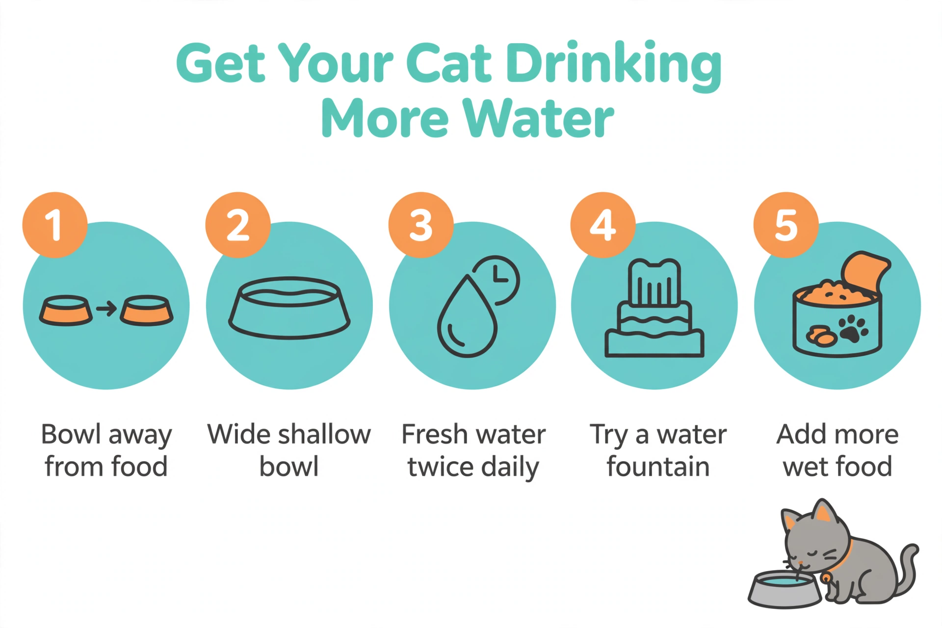 Infographic showing the ideal cat water bowl setup: wide shallow bowl, fresh daily water, away from food.